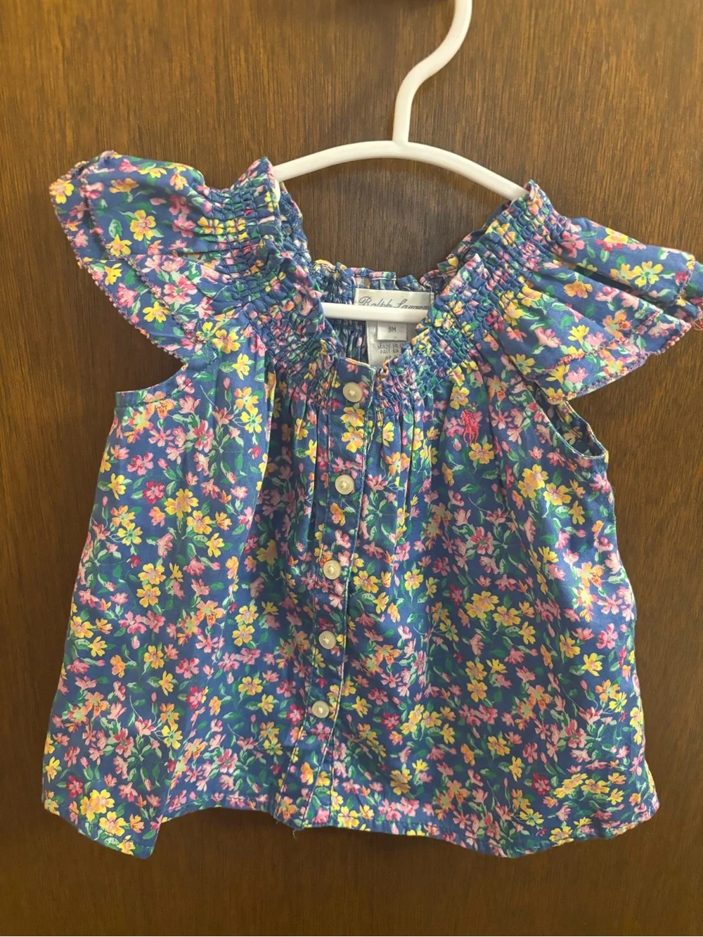 Ralph Lauren Blue Floral Smocked Shoulder Button-Front Top